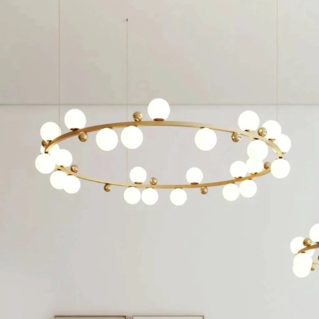 Pendente Aliança Horizontal Ø100X24Cm 25Xg9 Globo 10Cm - Usina 90006/2... (CP-M - Champanhe Metálico, Ambar)