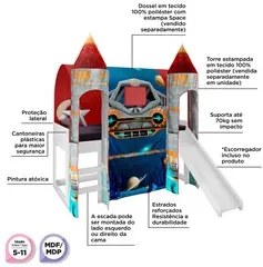 Cama Infantil com Escorregador Barraca 2 Torres LED Nave Espacial P13