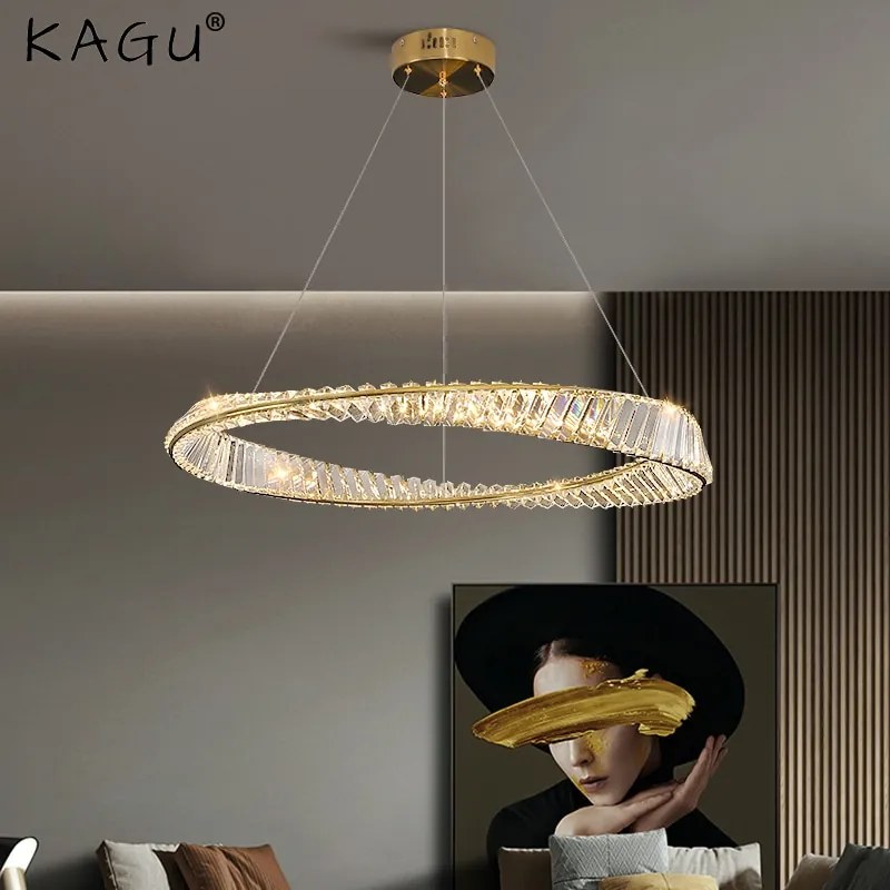 Lustre Pendente Cristal moderno led lustre de controle remoto pingente lâmpada para sala estar jantar cozinha quarto design ouro pendurado luz - 1 Ring D*60cm - Branco fria