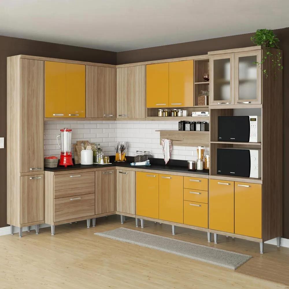 Cozinha Compacta 16 Portas C/ Tampo Pt e Vidro 5803 Amarelo/Argila - Multimóveis