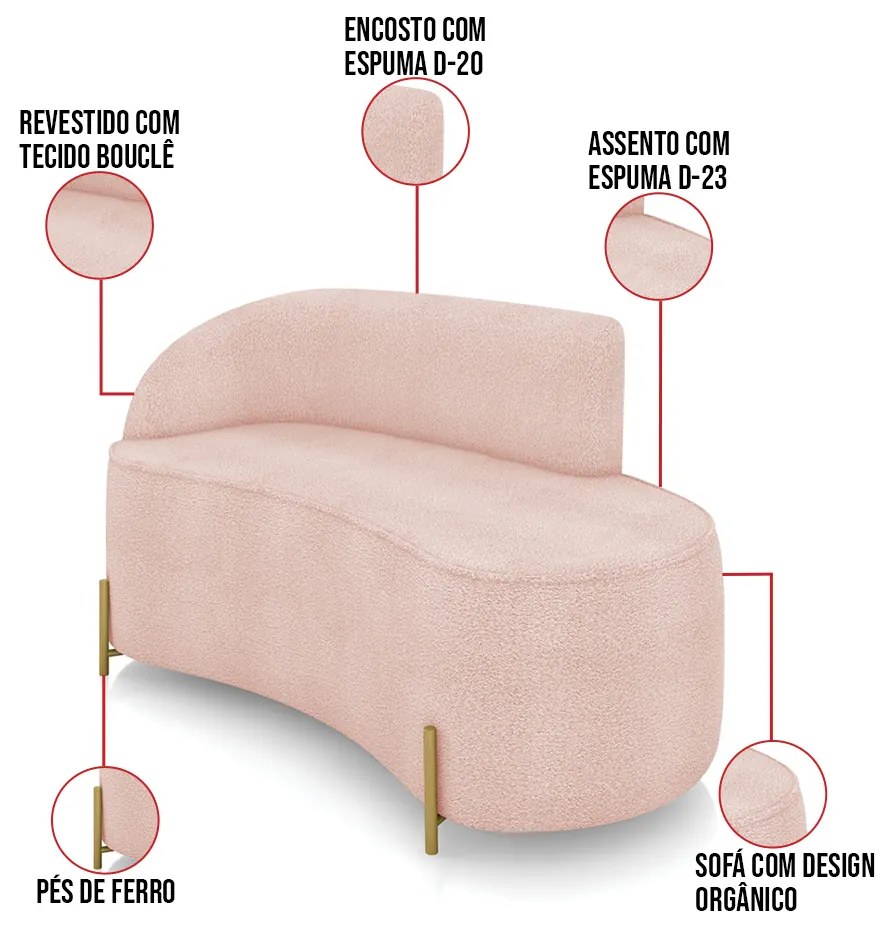 Sofá 2 Lugares Orgânico 140cm Pé Dourado Morgan Bouclê D03 - D'Rossi - Rose
