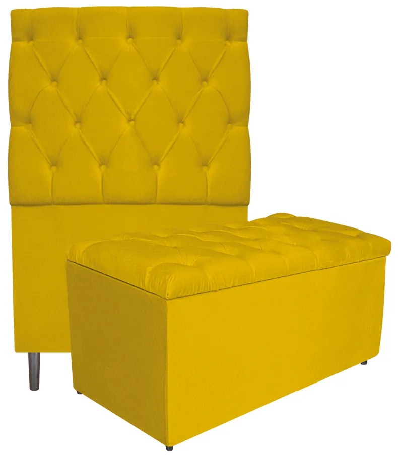 Kit Cabeceira e Calçadeira Liverpool 90 cm Solteiro Suede Amarelo - ADJ Decor