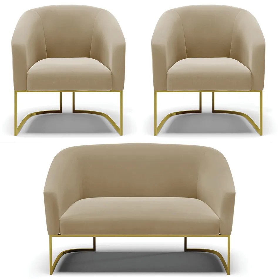 Namoradeira e 2 Poltronas Base Industrial Dourado Stella Suede Marrom Rato D03 - D'Rossi