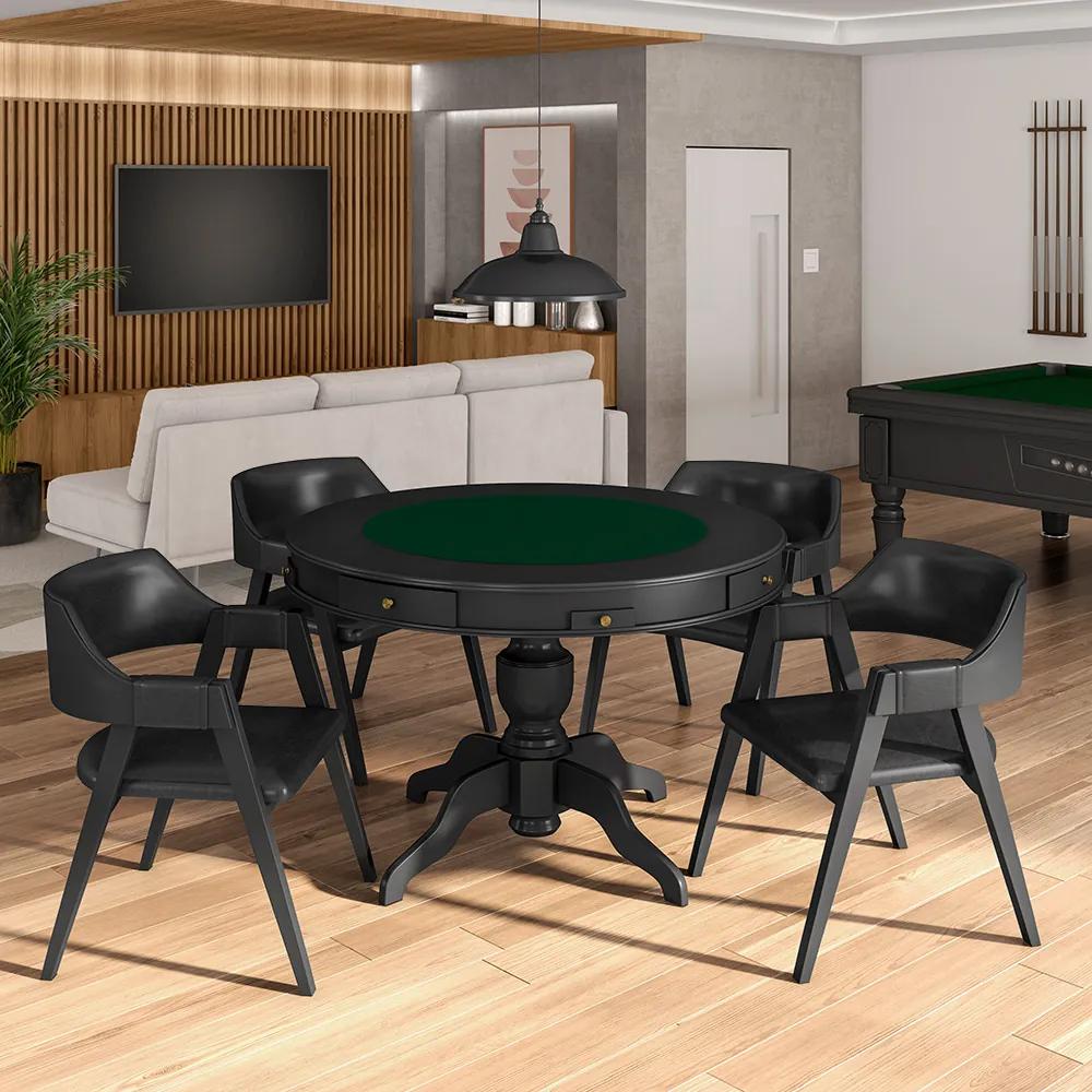 Conjunto Mesa de Jogos Carteado Bellagio Tampo Reversível e 4 Cadeiras Madeira Poker Base Estrela PU Preto/Preto G42 - Gran Belo