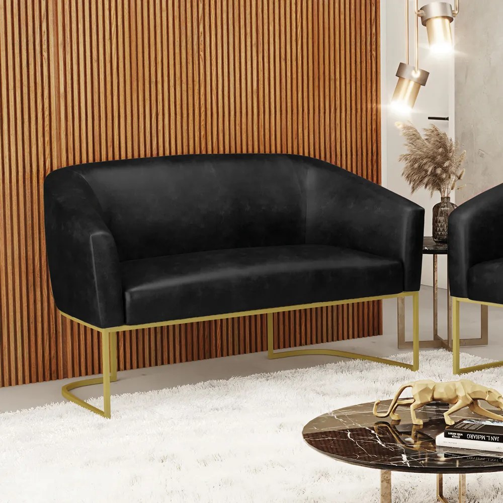 Sofá 2 Lugares Namoradeira Industrial Dourado Stella Sintético PU D03 - D'Rossi - Preto