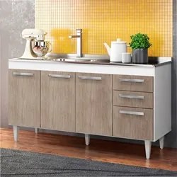 Balcão Gabinete com Pia Inox 150cm Lisboa Branco/Castanho - Lumil Móve