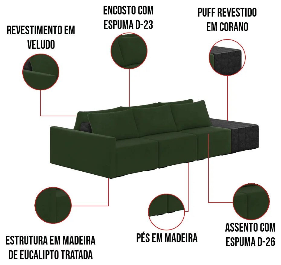 Sofá Ilha 3 Lugares Living 312cm Modulado Sala Lary Veludo/PU Pto K01 - D'Rossi - Verde