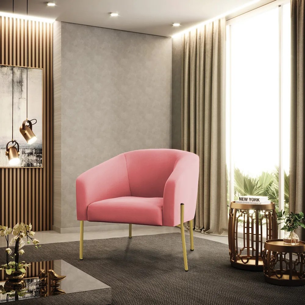 Poltrona Decorativa Pé de Ferro Dourado Stella Suede Rosê D03 - D'Rossi