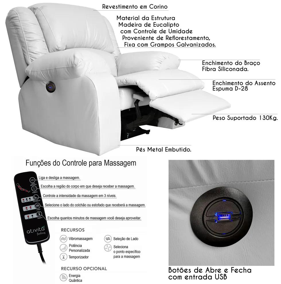 Poltrona do Papai Reclinável Elétrica com Massagem e USB Magnum PU Sintético Branco G23 - Gran Belo
