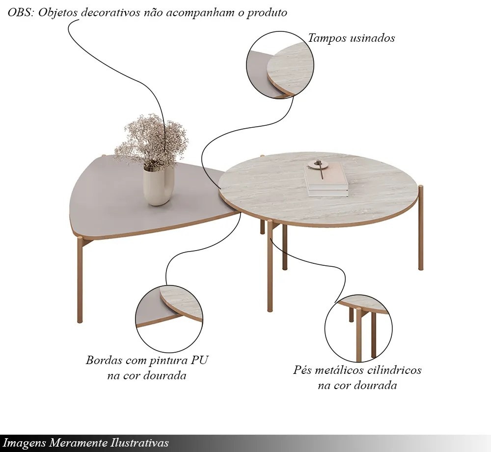 Conjunto Mesas de Centro Decorativas Oak e Dutton Pés Metálicos Dourados Fendi/Quartzo G18 - Gran Belo