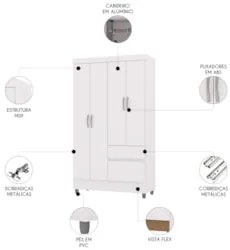 Guarda Roupa Solteiro 103cm Com 4 Portas Ideal Flex Branco - Vila Rica