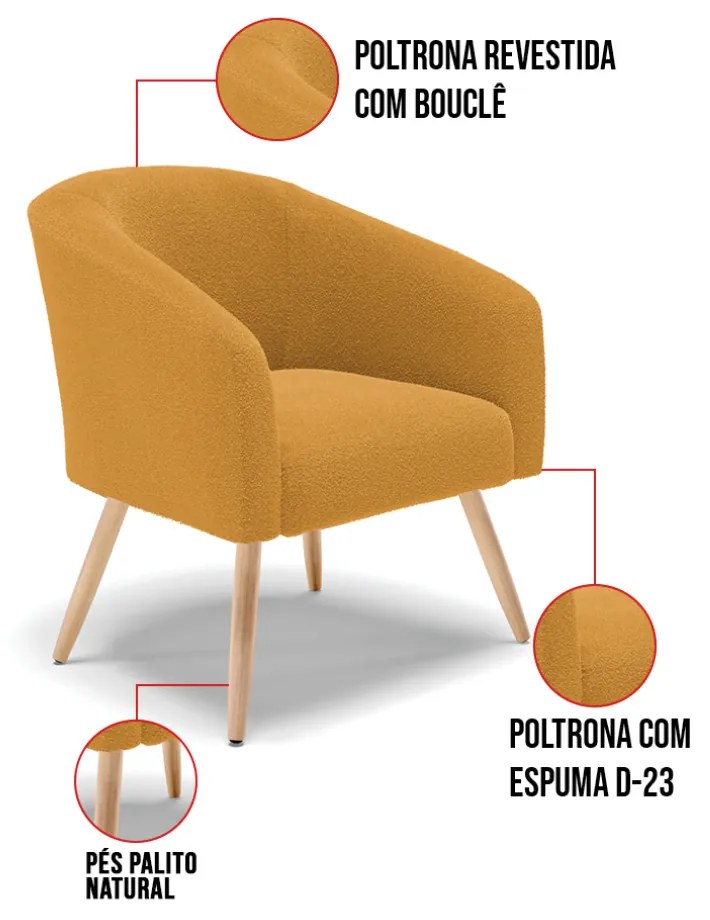 Namoradeira e 2 Poltronas Pé Palito Natural Stella Bouclê Mostard D03 - D'Rossi