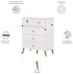 Cômoda Para Quarto 91cm 5 Gavetas Ibiza Flex Branco/Camarim - Vila Ric