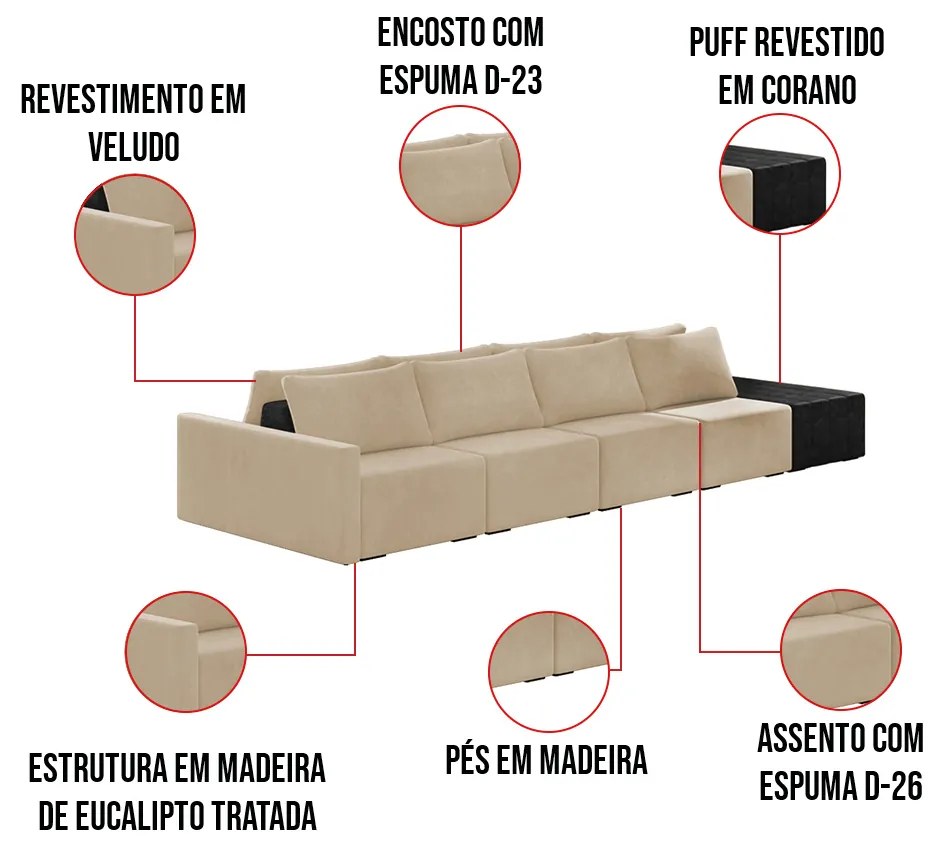 Sofá Ilha 4 Lugares Living 432cm Modulado Sala Lary Veludo Bege/PU Pto K01 - D'Rossi