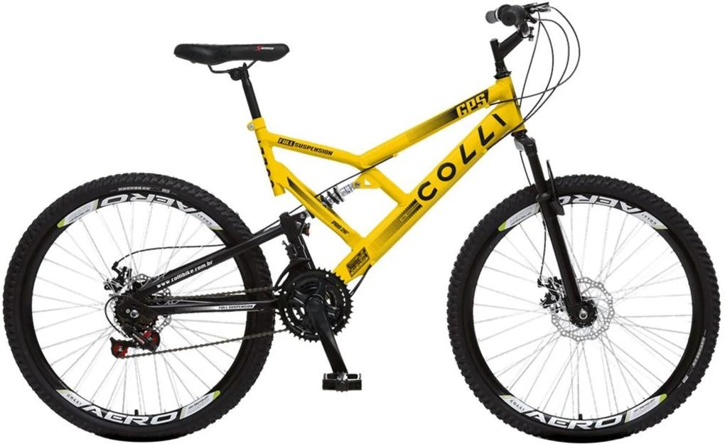 Bicicleta Esportiva Aro 26 Dupla SuspensÁo Freio a Disco GPS 220 Quadro 18 Aço Amarelo - Colli Bike