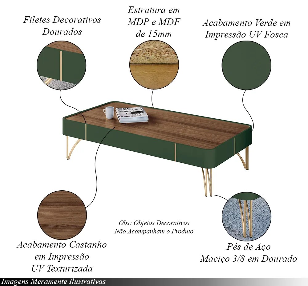 Mesa de Centro Cadenza com Pés em Aço Verde em MDP/MDF Pistache/Castanho G26 - Hb Móveis