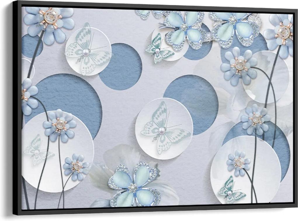 Quadro 60x90cm Flores Azul Fada e Borboletas Azuis e Brancas Canvas Moldura Flutuante Preta
