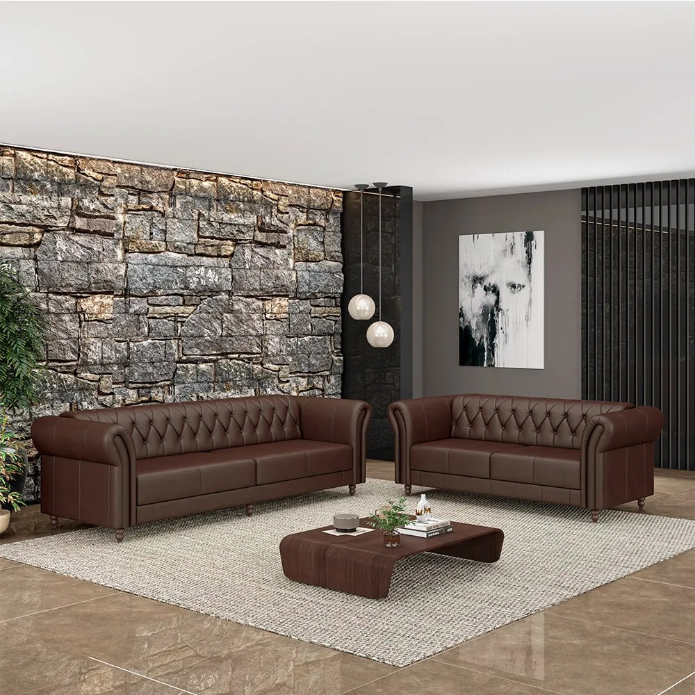 Conjunto de Sofá Sala de Estar Stanford Chesterfield 2 e 3 Lugares 200cm/240cm Pés Madeira Couro Marrom Brilho G58 - Gran Belo