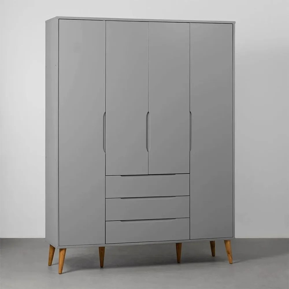 Guarda-Roupa Elfe 4 Portas e 3 Gavetas com Pés Retrô Mel – Cinza Fosco