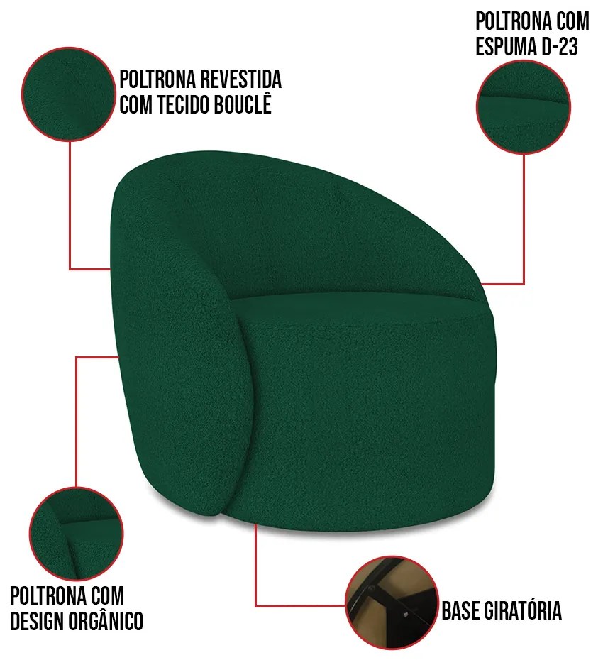 Poltrona Decorativa Orgânica Giratória Lua Bouclê Verde D03 - D'Rossi