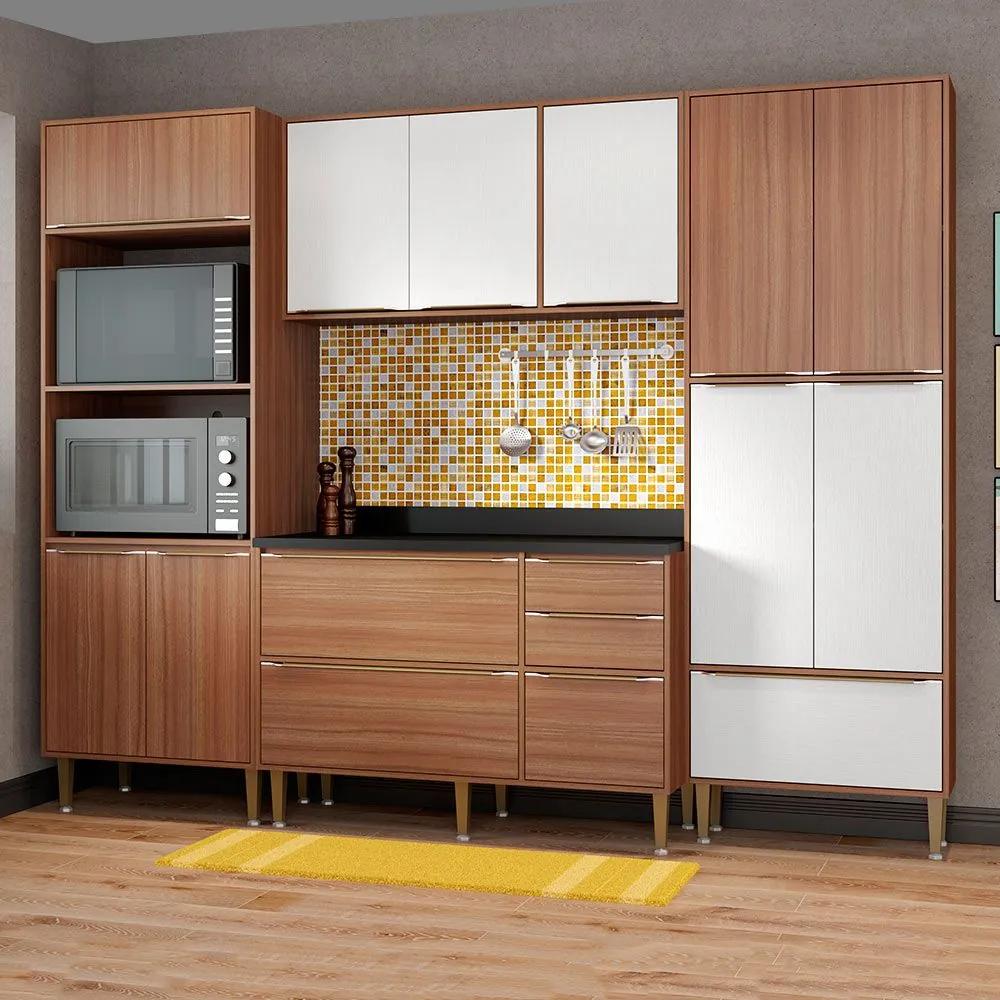 Cozinha Compacta com Tampo 13 Portas 5452 Nogueira/Branco - Multimóveis