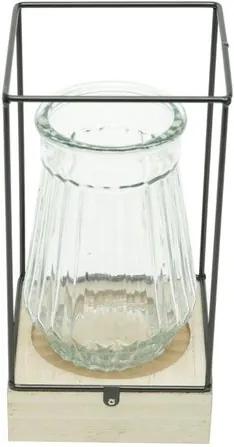 Vaso de Vidro com Led e Suporte de Madeira Glass Preto Urban