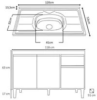 Balcão Gabinete Com Pia Inox 120cm 3 Portas e 1 Gaveta Tatiane Branco/