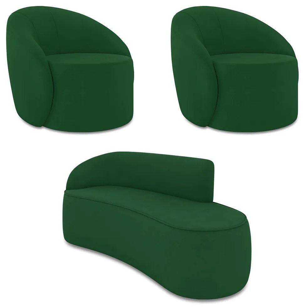 Sofá 4 Lugares Orgânico 220cm Morgan e 2 Poltronas Lua Suede D03 - D'Rossi - Verde