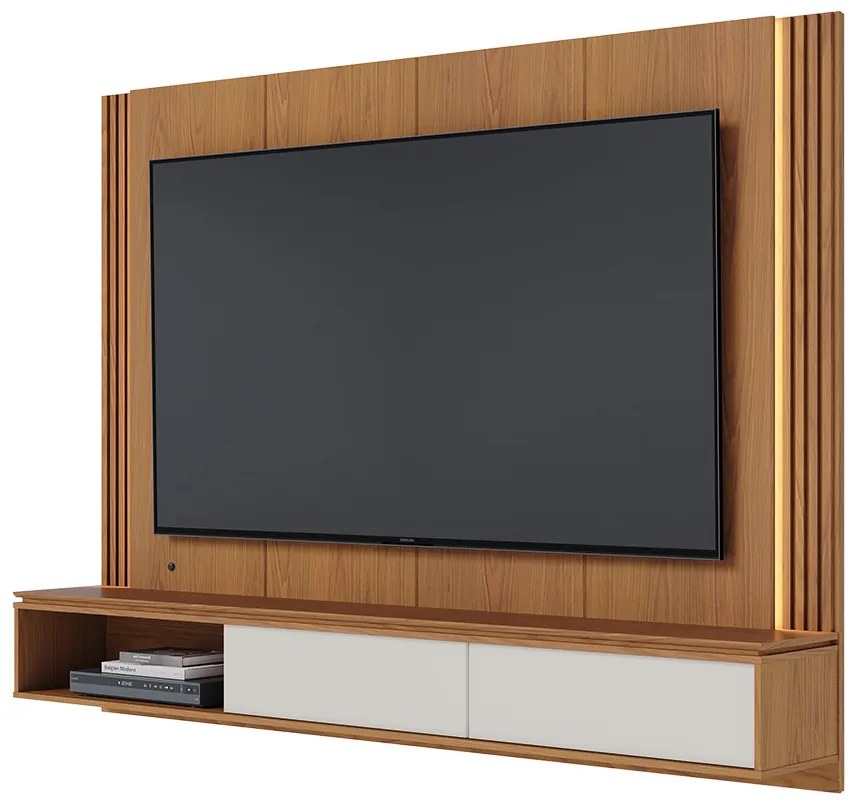 Painel TV 75 Pol 180cm Bancada Suspensa Ripado Led Duda Freijó/Off Matte C04 - D'Rossi
