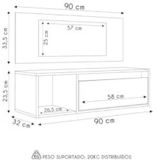 Penteadeira Camarim com Espelho Suspensa 90cm 1 Porta Elle Z34 Branco