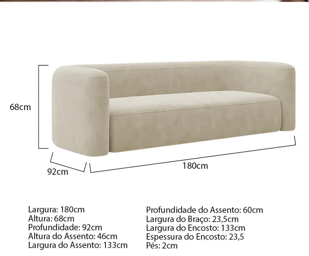 Sofá 3 Lugares 180cm Orgânico Luxo Recepção Melina Bouclé - ADJ Decor