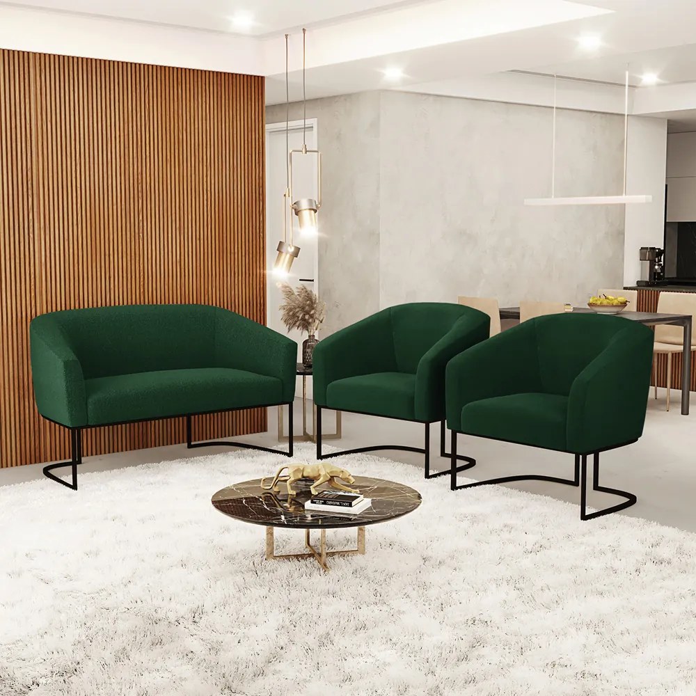 Namoradeira e 2 Poltronas Industrial Preto Stella Bouclê Verde D03 - D'Rossi