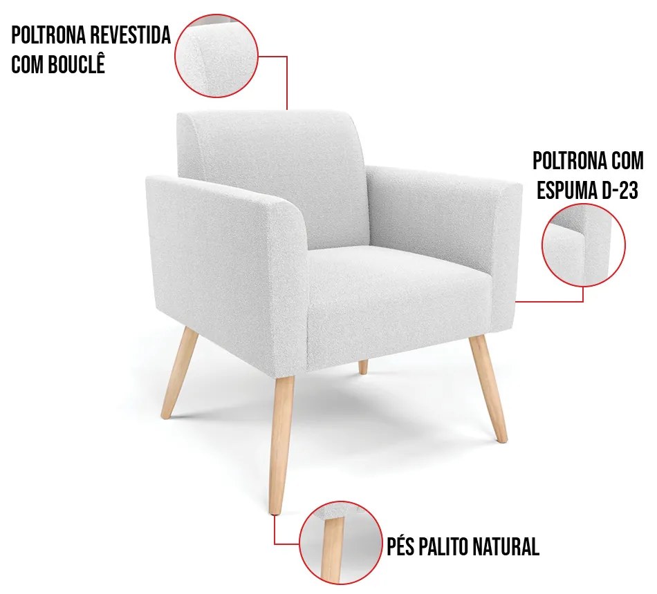 Namoradeira e 2 Poltronas Pé Palito Natural Marisa Bouclê Off White D03 - D'Rossi