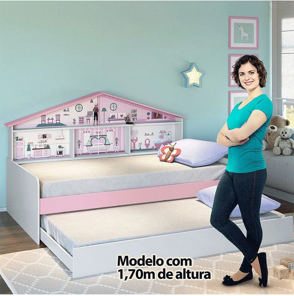 Cama Infantil Casa De Boneca Com Cama Auxiliar E Luz/Led Pura Magia