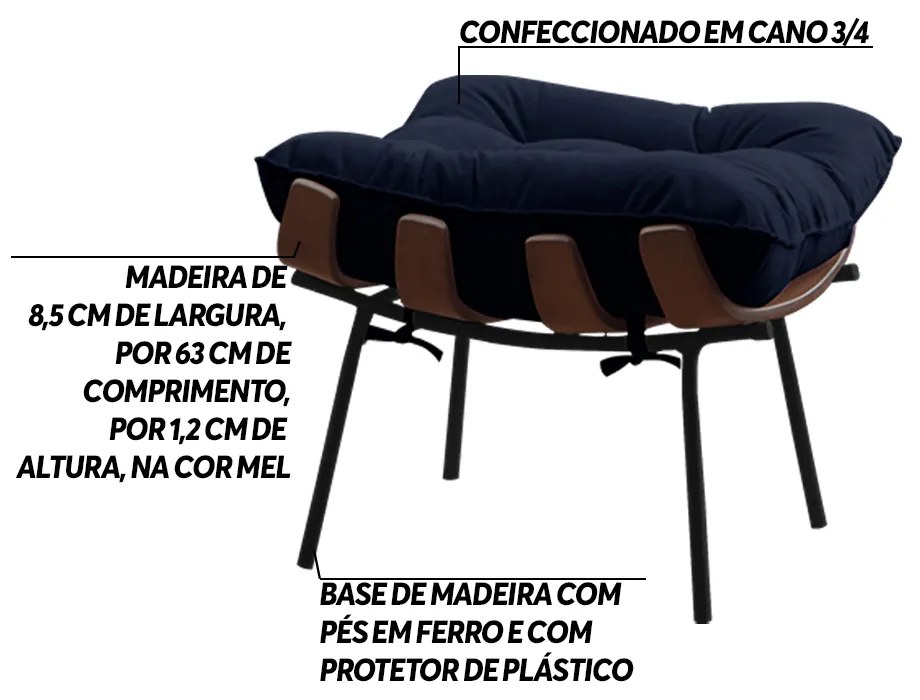 Puff Decorativo Sala de Estar Abel Base de Madeira Preto Veludo Azul G41 - Gran Belo