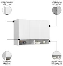 Armário de Cozinha Aéreo 3 Portas 2 Nichos 91cm Milão Branco - EJ Móve