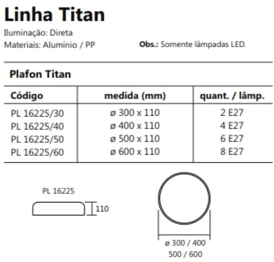 Plafon Titan Ø30X11Cm 2Xe27 Com Difusor Plano | Usina 16225/30 (PT - Preto Texturizado)