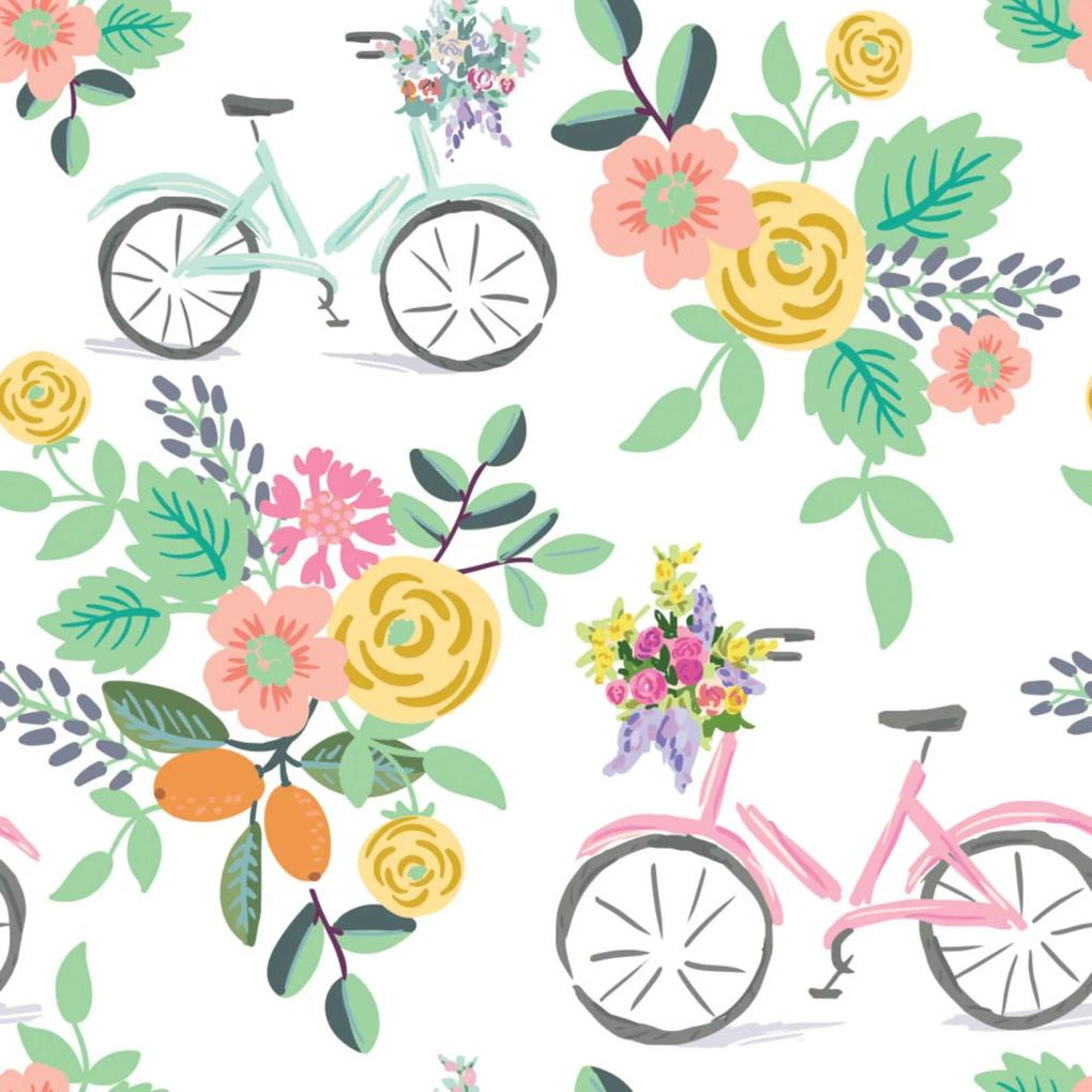Papel de Parede Flores e Bicicletas Quarto Feminino 57x270cm
