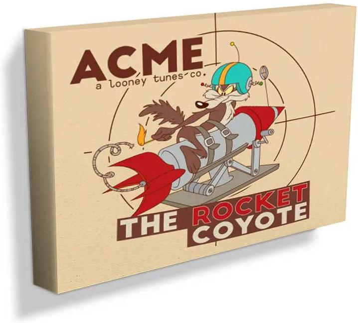 Tela Looney Tunes Acme The Rocket Coyote Fundo Bege em Madeira