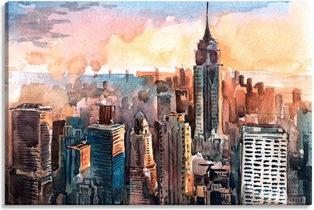 Tela Decorativa Estilo Pintura Aquarela Manhattan Torres Nova York - Tamanho: 60x90cm (A-L) Unico