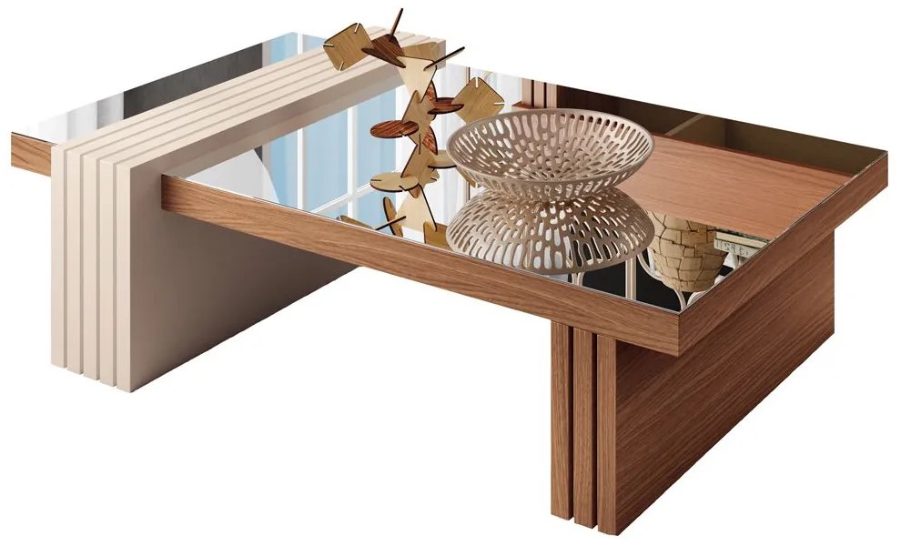 Mesa de Centro para Sala de Estar com Espelho Riad Nature/Off White G26 - Gran Belo