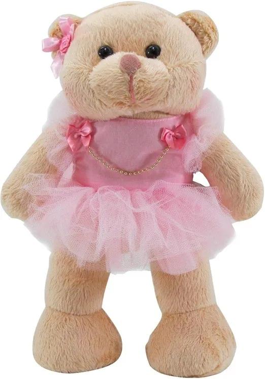 Ursa Soft Mini Bailarina em Pé Vestido Rosa Tule Laço