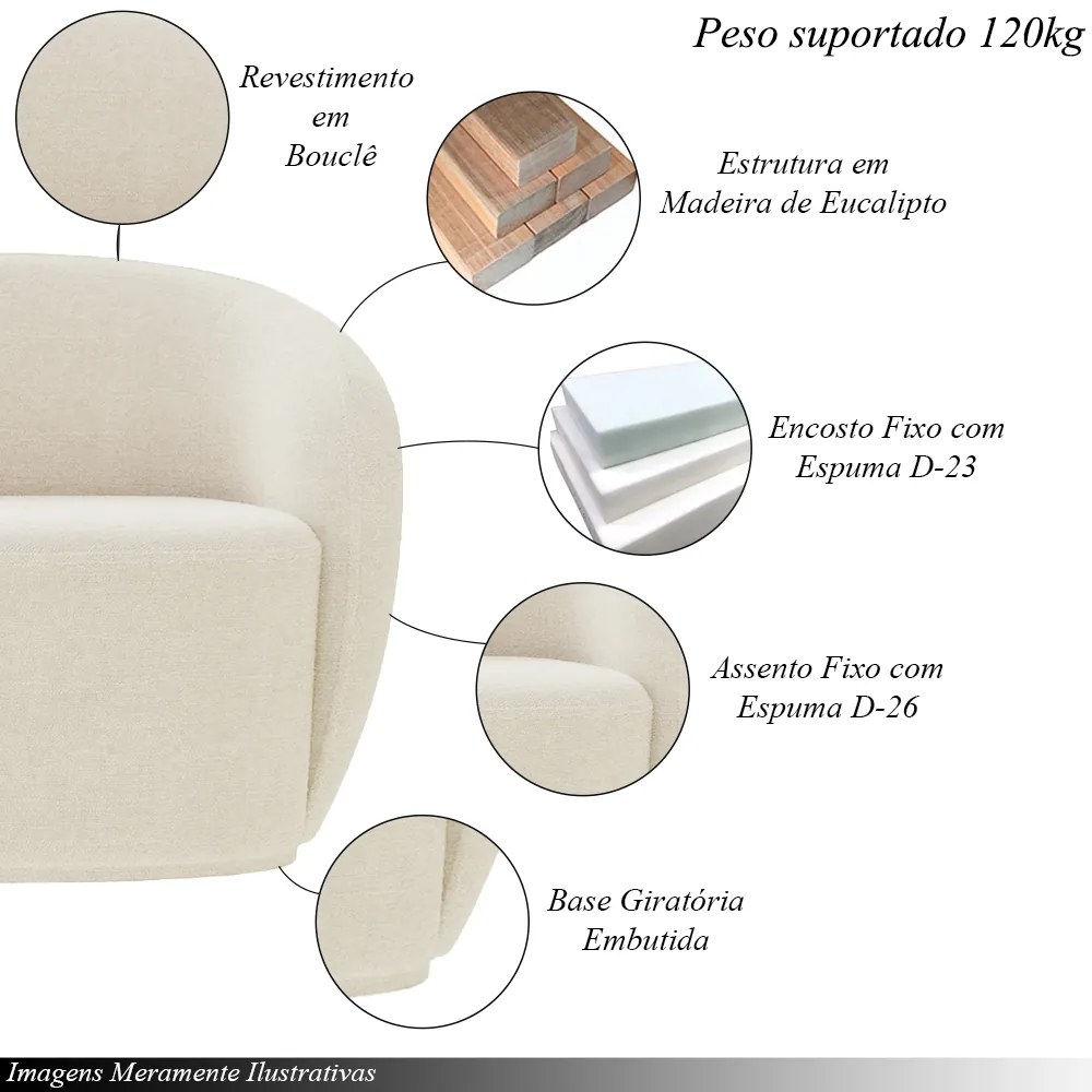 Conjunto 1 Sofá Living 180cm e 1 Poltrona Decorativa Sala de Estar Íbis Encosto Fixo Bouclê Off White G33 - Gran Belo