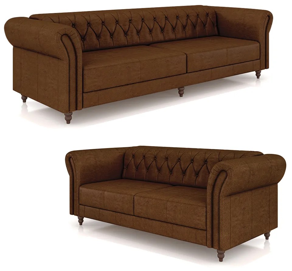 Conjunto de Sofá Sala de Estar Stanford Chesterfield 2 e 3 Lugares 200cm/260cm Pés Madeira Couro Marrom Manchado G58 - Gran Belo