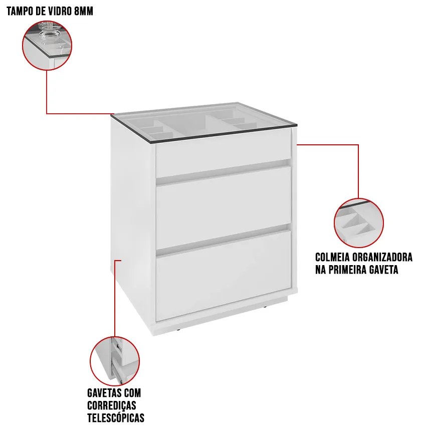 Mesa de Cabeceira Organizadora Ellie 3 Gavetas - D'Rossi - Branco