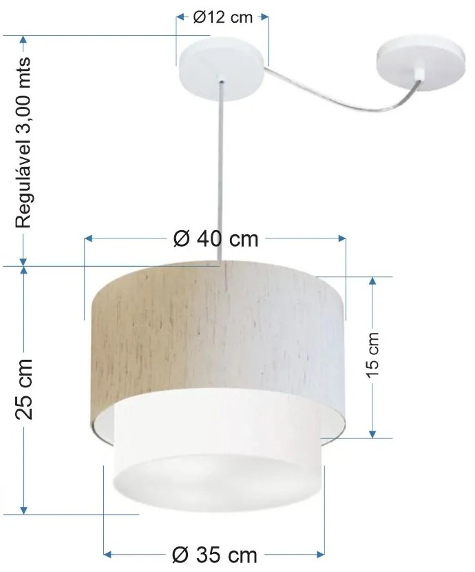 Lustre Pendente Cilíndrico Com Desvio Linho Bege e Branco MJ-4359 Para Mesa de Jantar e Estar