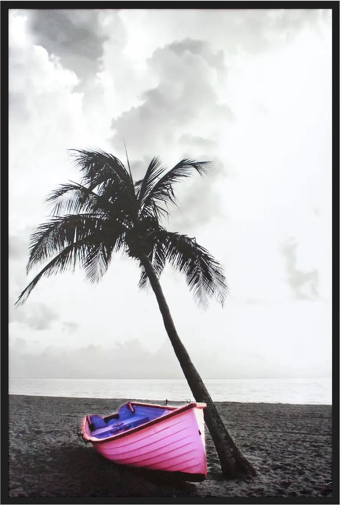 Quadro Decorativo Praia Em Preto E Branco Com Barco Em Destaque 100x150cm