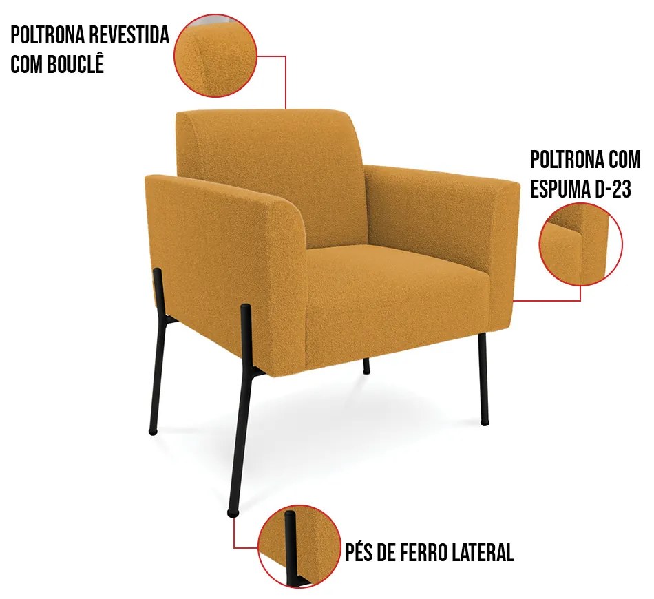 Namoradeira e 2 Poltronas Pé Ferro Preto Marisa Bouclê Mostarda D03 - D'Rossi