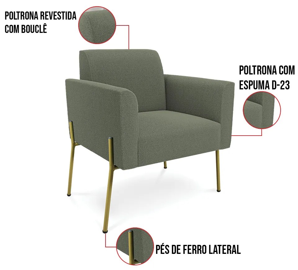 Namoradeira e 2 Poltronas Pé Ferro Dourado Marisa Bouclê D03 - D'Rossi - Pistache