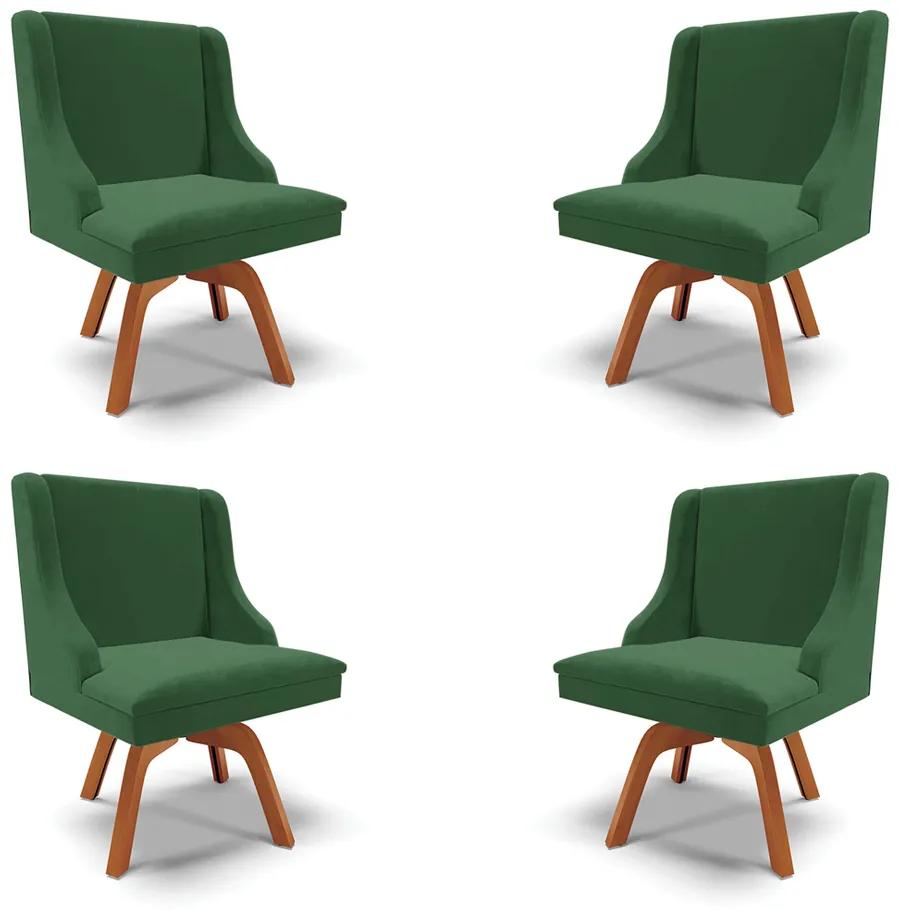 Kit 4 Cadeiras Decorativas Sala de Jantar Base Giratória de Madeira Firenze Veludo Verde/Natural G19 - Gran Belo